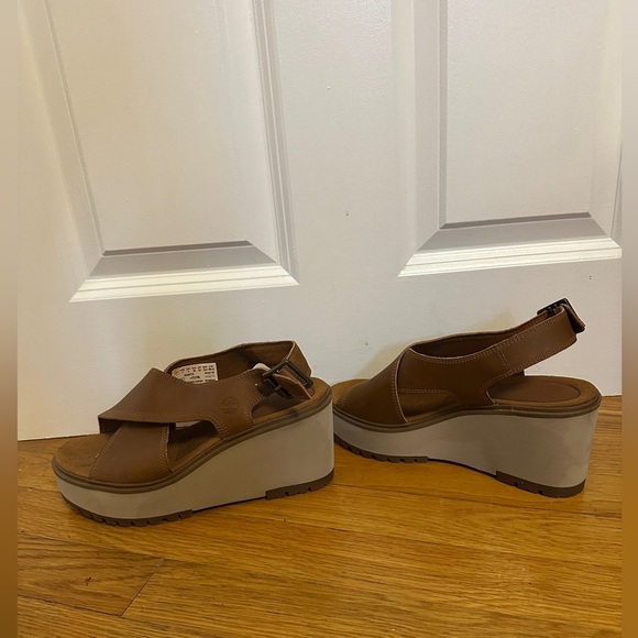 NEW TIMBERLAND BROWN LEATHER COMFORT WEDGE PLATFORM SANDALS SIZE 7 - Picture 10 of 11